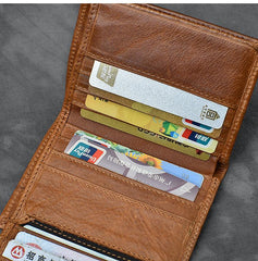 Brown Waxed Leather Mens Small Wallet billfold Trifold Card Wallet For Men