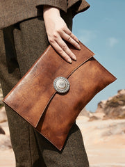 Brown womens Leather Envelope Shoulder Bag Large Envelope Clutch Purse for Ladies