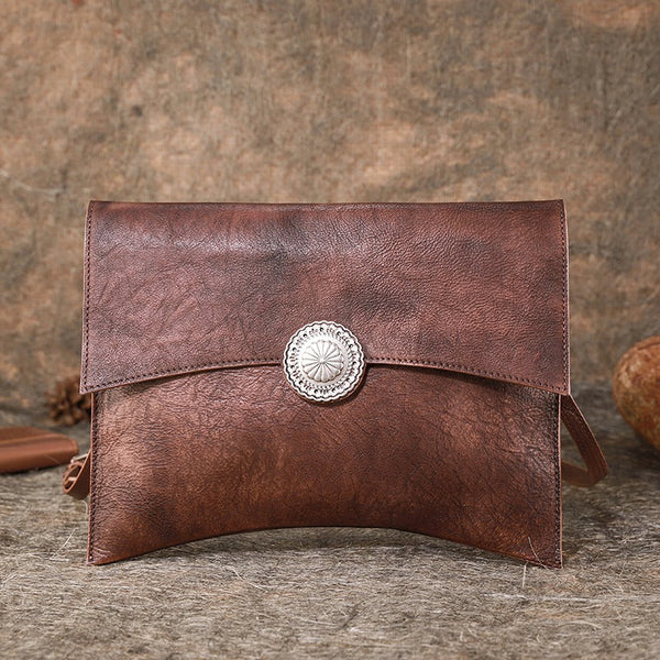Coffee womens Leather Envelope Shoulder Bag Large - Card Slots Detail