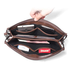 Coffee Leather Mens Large Leather Wallet Wristlet Bag Black Envelope Bag Clutch Wallet for Men