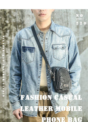 CASUAL BLACK LEATHER MEN'S MIni Vertical Side Bags MESSENGER BAG BLACK Belt Bag Blet Pouch FOR MEN