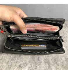 CASUAL BLACK LEATHER MEN'S Long Wallet Zipper Clutch Wallet BLACK Wristlet Wallets Card Wallet FOR MEN