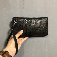 CASUAL BLACK LEATHER MEN'S Bifold Long Wallet Clutch Wallet BLACK Wristlet Wallets FOR MEN