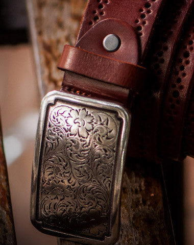 Handmade Custom personalized floral Leather men brown black coffee belt - EverHandmade