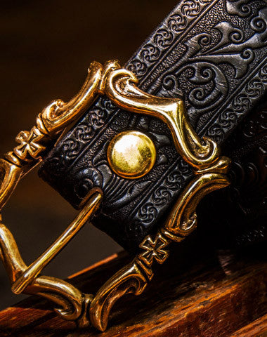 Handmade floral gift Leather tooled men vintage black belt - EverHandmade