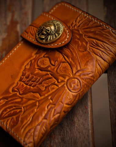 Handmade leather indian chief skull brown coffee carved biker wallet trucker billfold wallet for men - EverHandmade