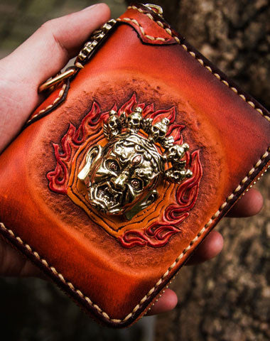 Handmade leather God Mahakala billfold biker wallet clutch zip wallet brown tooled - EverHandmade