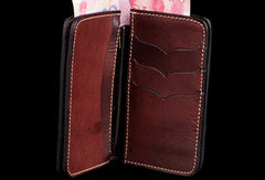 Handmade brown leather indian skull carved biker wallet bifold billfold wallet for men - EverHandmade