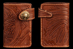 Handmade brown leather indian skull carved biker wallet bifold billfold wallet for men - EverHandmade