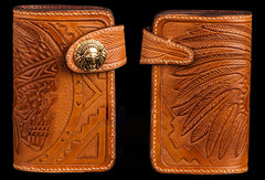 Handmade brown leather indian skull carved biker wallet bifold billfold wallet for men - EverHandmade