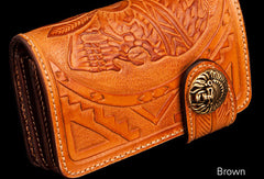 Handmade brown leather indian skull carved biker wallet bifold billfold wallet for men
