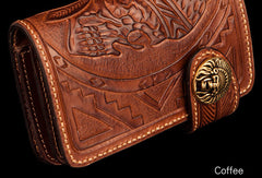 Handmade brown leather indian skull carved biker wallet bifold billfold wallet for men