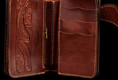 Handmade brown leather indian skull carved biker wallet bifold billfold wallet for men - EverHandmade
