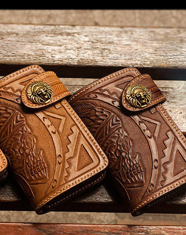 Handmade brown leather indian skull carved biker wallet bifold billfold wallet for men