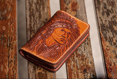 Handmade black coffee brown leather Indian carved biker wallet billfold wallet for men