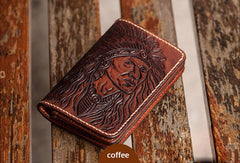 Handmade black coffee brown leather Indian carved biker wallet billfold wallet for men - EverHandmade