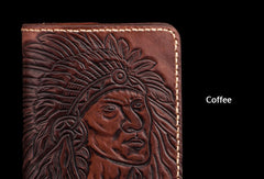 Handmade black coffee brown leather Indian carved biker wallet billfold wallet for men - EverHandmade