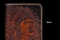 Handmade black coffee brown leather Indian carved biker wallet billfold wallet for men - EverHandmade