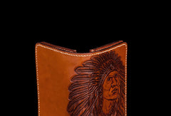 Handmade black coffee brown leather Indian carved biker wallet billfold wallet for men - EverHandmade