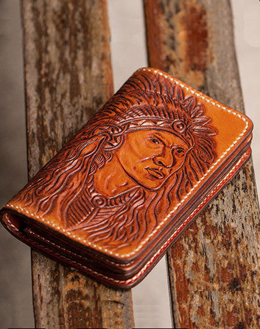 Handmade black coffee brown leather Indian carved biker wallet billfold wallet for men