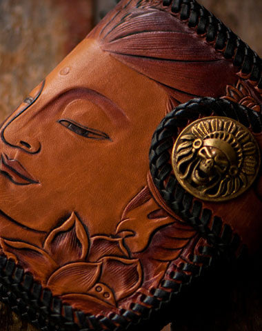 Handmade leather biker trucker wallet black billfold Bodhisattva leather chain men Carved Tooled wallet - EverHandmade
