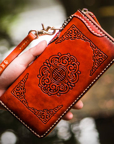 Handmade leather brown biker wallet clutch zip long wallet leather men phone - EverHandmade