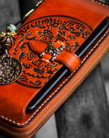 Handmade leather hieroglyph biker wallet clutch zip long wallet brown leather men phone