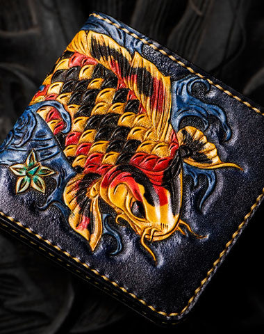Handmade leather tooled fish carp wallet clutch black billfold wallet brown leather men - EverHandmade
