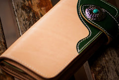 Handmade leather beige green men biker wallet bifold long wallet for men
