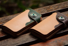 Handmade leather beige green men biker wallet bifold long wallet for men