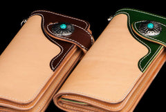 Handmade leather beige green men biker wallet bifold long wallet for men