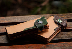 Handmade leather beige green men biker wallet bifold long wallet for men