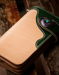 Handmade leather beige green men biker wallet bifold long wallet for men