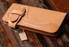 Handmade beige leather men biker wallet Long wallet with multi cards clutch for men