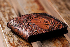 Handmade men billfold wallet black coffee leather Indian carved billfold wallet for men - EverHandmade