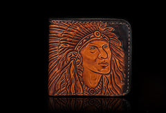 Handmade men billfold wallet black coffee leather Indian carved billfold wallet for men - EverHandmade