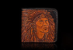 Handmade men billfold wallet black coffee leather Indian carved billfold wallet for men