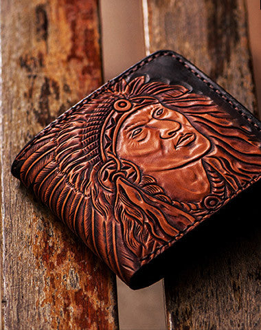Handmade men billfold wallet black coffee leather Indian carved billfold wallet for men - EverHandmade