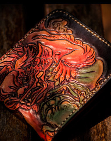 Handmade leather billfold wallet men tooled chinese lion carved wallet