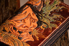 Handmade black coffee brown leather prajna carved biker wallet billfold wallet for men - EverHandmade