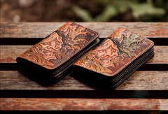 Handmade black coffee brown leather prajna carved biker wallet billfold wallet for men