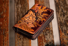 Handmade black coffee brown leather prajna carved biker wallet billfold wallet for men - EverHandmade