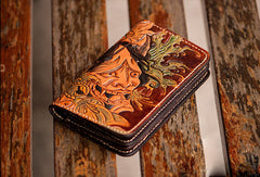 Handmade black coffee brown leather prajna carved biker wallet billfold wallet for men - EverHandmade