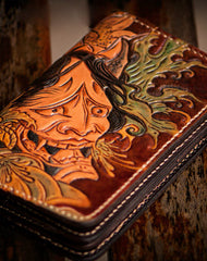 Handmade black coffee brown leather prajna carved biker wallet billfold wallet for men - EverHandmade