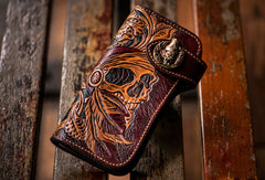 Handmade black leather indian skull carved biker wallet bifold Long wallet for men
