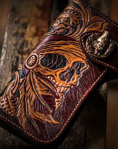 Handmade black leather indian skull carved biker wallet bifold Long wallet for men