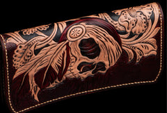 Handmade black leather indian skull carved biker wallet bifold Long wallet clutch for men - EverHandmade