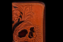 Handmade black leather indian skull carved biker wallet bifold Long wallet clutch for men