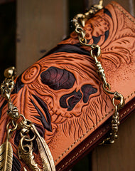 Handmade black leather indian skull carved biker wallet bifold Long wallet clutch for men