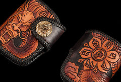 Handmade biker wallet chinese dragon brown black leather carved trucker wallet chain for men